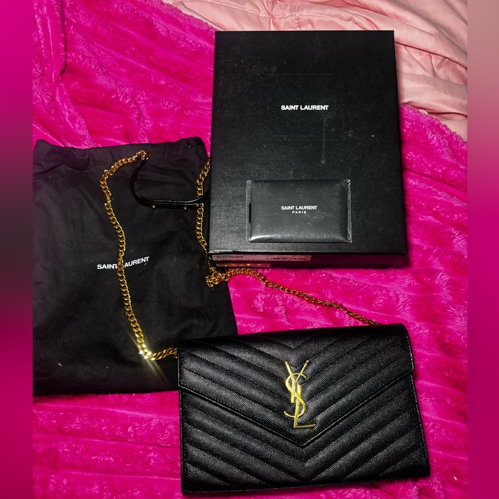 Saint Laurent Black Chevron Quilted Envelope Bag with Gold YSL Hardware
